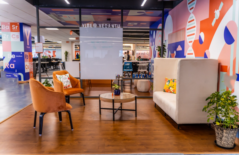 Corporate meeting and workspace interior with clean layout and branding